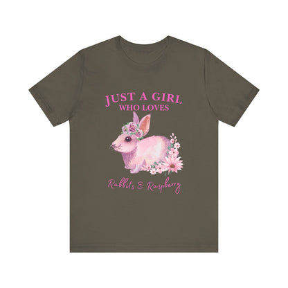 Rabbits & Raspberry Lover Tee, Cute Animal T-Shirt, Girl Who Loves Rabbit T-shirt, Gift for Bunny Lovers, Animal Lover Apparel, Floral Graphic Tee