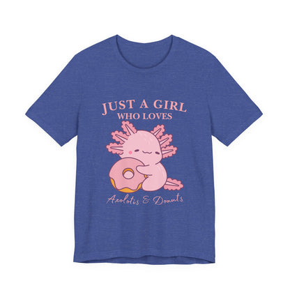 Just a Girl Who Loves Donuts Tee, Cute Graphic T-Shirt, Foodie Gift, Unisex Short Sleeve Shirt, Doughnut Lover Apparel, Fun Casual Wear, Axolotis Tee