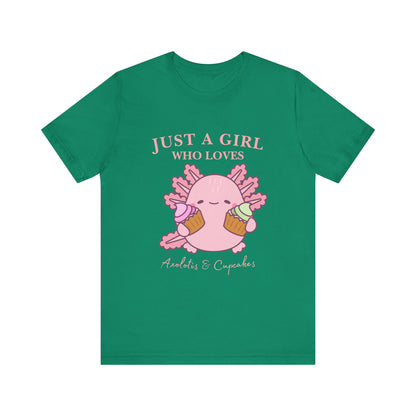 Cute Foodie Shirt for Girls - Just a Girl Who Loves Chocolates & Cupcakes, Fun Casual Tee, Gift for Food Lovers, Axolotis T-shirt