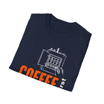 Coffee First Circuits Panel Second Unisex Softstyle T-Shirt | Electrician Shirt | Electrician T-Shirt | Electrician Gift