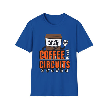 Coffee First Circuits Second Cartoon Unisex T-Shirt, Funny Coffee Tee, Gift for Engineers, Electrician T-shirt