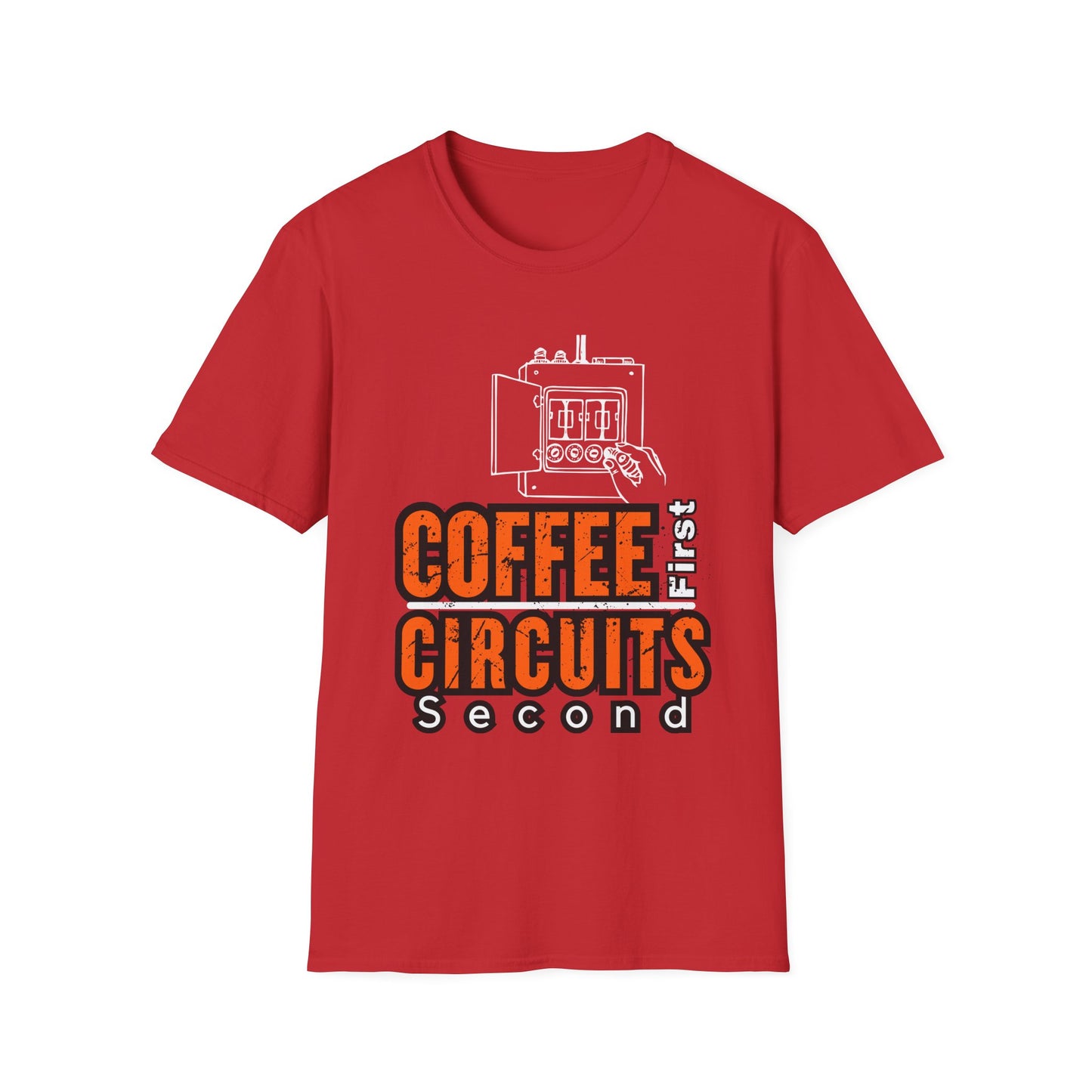 Coffee First Circuits Panel Second Unisex Softstyle T-Shirt | Electrician Shirt | Electrician T-Shirt | Electrician Gift