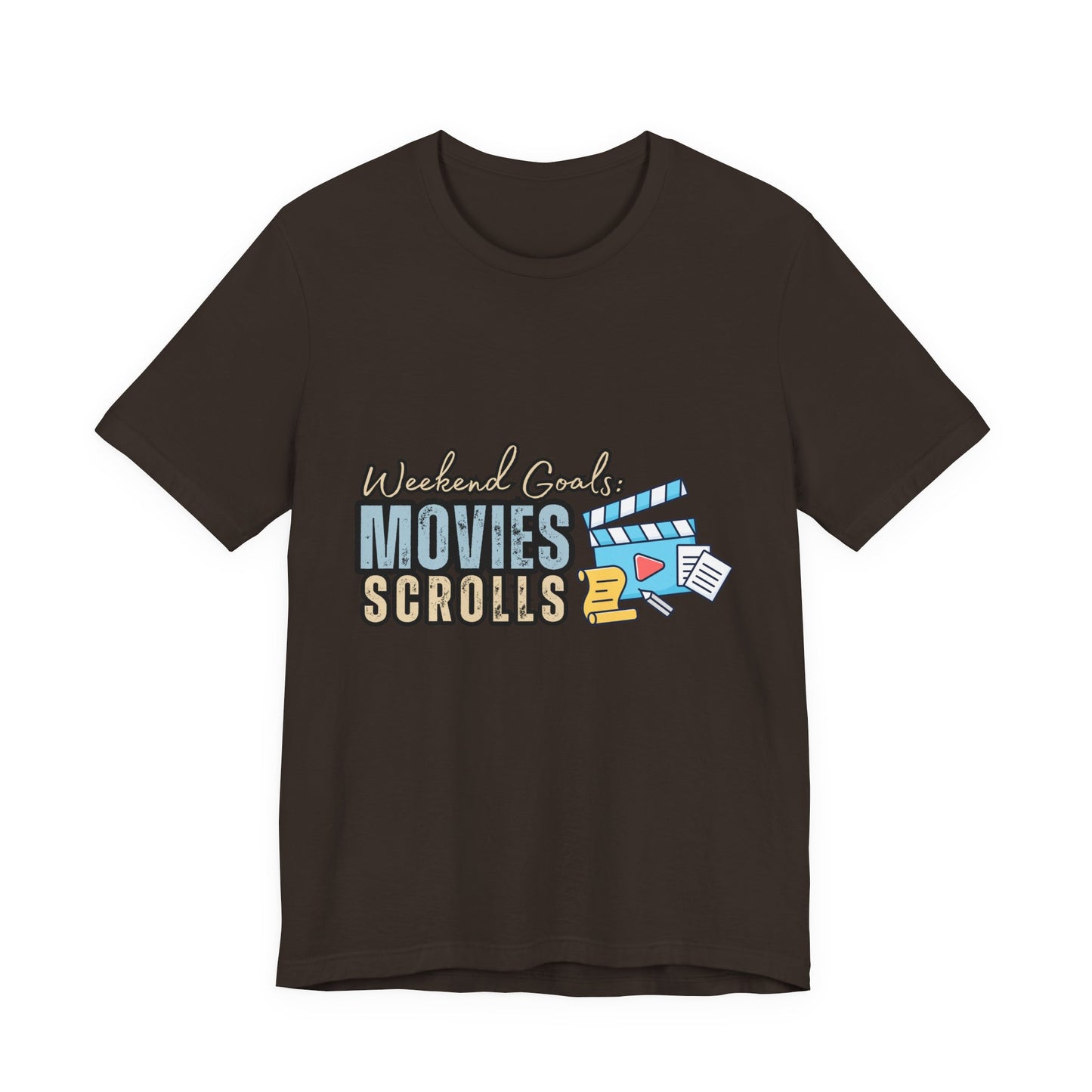 Weekend Vibes Movies Scrolls Tee - Unisex Jersey Short Sleeve Shirt for Movie Lovers, Casual Wear, Gifting, Relaxing Nights, Fun Movie [...]