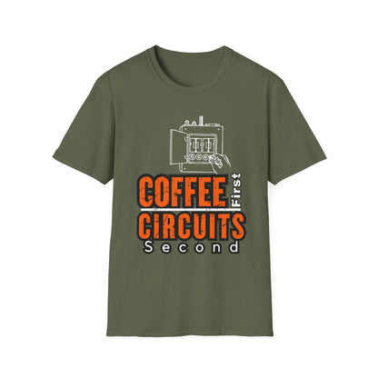 Coffee First Circuits Panel Second Unisex Softstyle T-Shirt | Electrician Shirt | Electrician T-Shirt | Electrician Gift