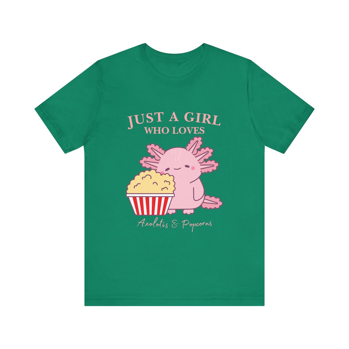 Cute Axolotl Love Popcorn Tee, Fun T-Shirt for Aquatic Lovers, Gift for Pet Lovers, Unique Animal Shirt, Casual Wear, Pop Culture Tee