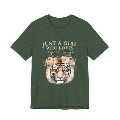 Just a Girl Who Loves Tiger Short Sleeve Tee, Animal Lover Shirt, Floral Graphic Tee, Casual Wear, Birthday Gift, Nature Enthusiast