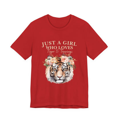Just a Girl Who Loves Tiger Short Sleeve Tee, Animal Lover Shirt, Floral Graphic Tee, Casual Wear, Birthday Gift, Nature Enthusiast