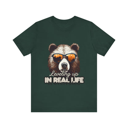 Cool Bear Graphic Tee, Leveling Up in Real Life, Funny T-Shirt for Nature Lovers, Gift for Birthday, Summer Wardrobe, Casual Wear