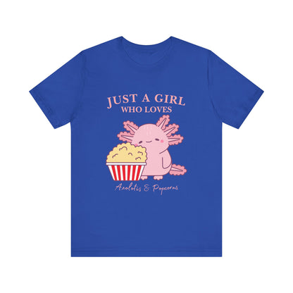 Cute Axolotl Love Popcorn Tee, Fun T-Shirt for Aquatic Lovers, Gift for Pet Lovers, Unique Animal Shirt, Casual Wear, Pop Culture Tee