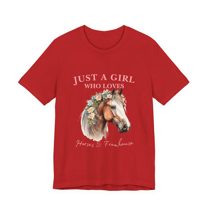 Just a Girl Who Loves Horses Jersey Tee | Equestrian Gift | Horse Lover T-Shirt | Floral Graphic Tee | Birthday Gift
