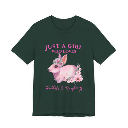 Rabbits & Raspberry Lover Tee, Cute Animal T-Shirt, Girl Who Loves Rabbit T-shirt, Gift for Bunny Lovers, Animal Lover Apparel, Floral Graphic Tee