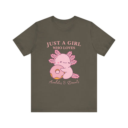 Just a Girl Who Loves Donuts Tee, Cute Graphic T-Shirt, Foodie Gift, Unisex Short Sleeve Shirt, Doughnut Lover Apparel, Fun Casual Wear, Axolotis Tee