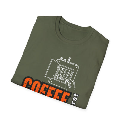 Coffee First Circuits Panel Second Unisex Softstyle T-Shirt | Electrician Shirt | Electrician T-Shirt | Electrician Gift