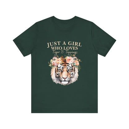 Just a Girl Who Loves Tiger Short Sleeve Tee, Animal Lover Shirt, Floral Graphic Tee, Casual Wear, Birthday Gift, Nature Enthusiast