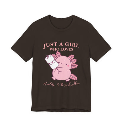 Just a Girl Who Loves Axolotls Tee, Cute Graphic T-Shirt, Unisex Casual Wear, Animal Lovers Gift, Birthday Present, Axolotis and Marshmellow