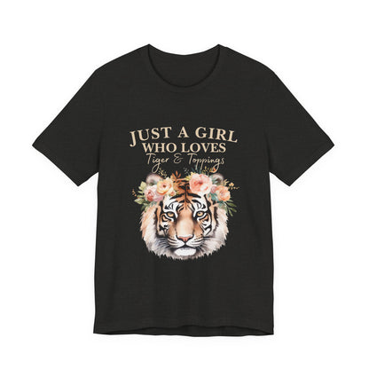Just a Girl Who Loves Tiger Short Sleeve Tee, Animal Lover Shirt, Floral Graphic Tee, Casual Wear, Birthday Gift, Nature Enthusiast