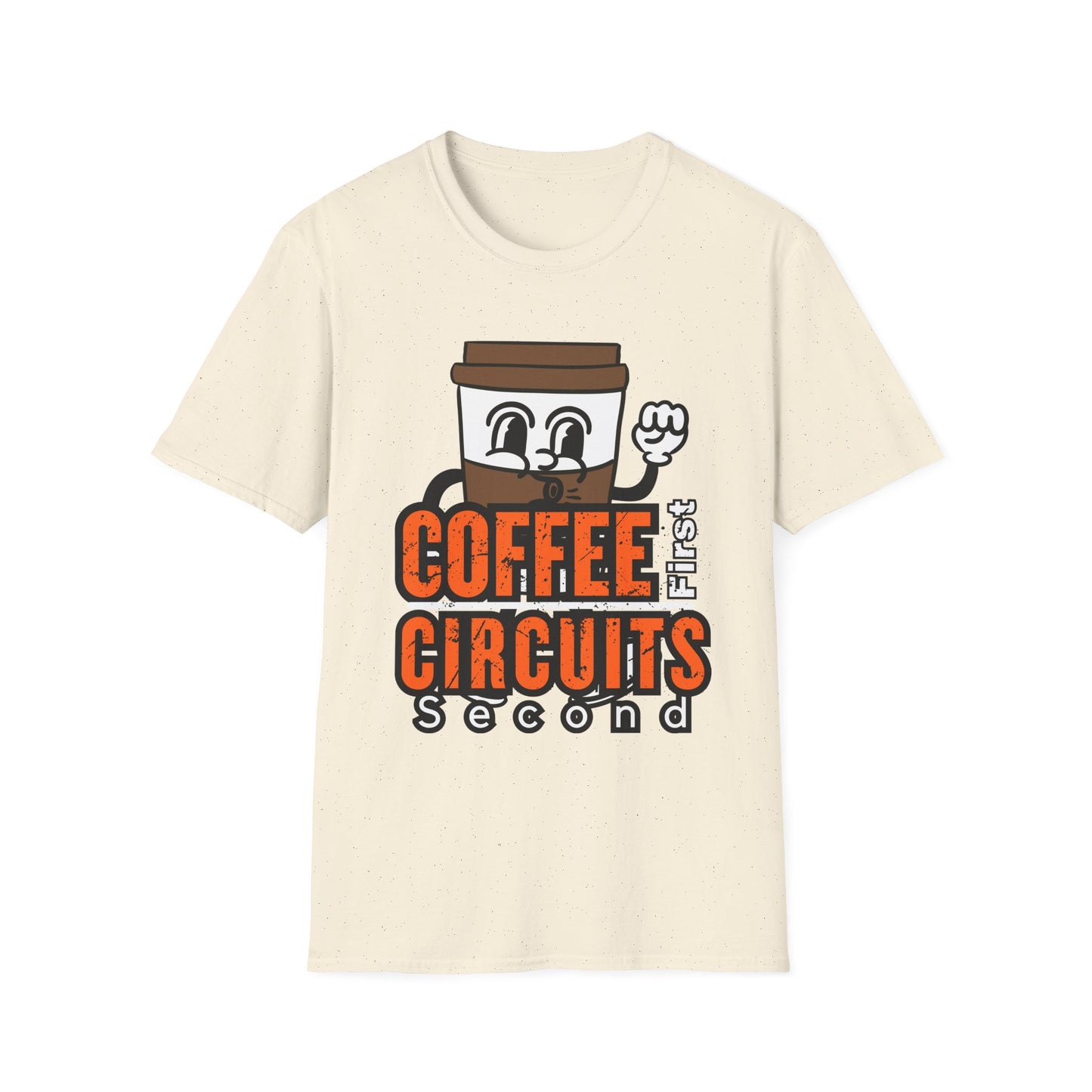 Coffee First Circuits Second Cartoon Unisex T-Shirt, Funny Coffee Tee, Gift for Engineers, Electrician T-shirt