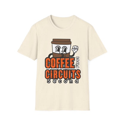 Coffee First Circuits Second Cartoon Unisex T-Shirt, Funny Coffee Tee, Gift for Engineers, Electrician T-shirt