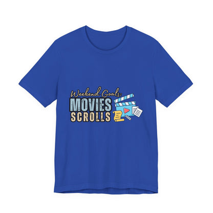 Weekend Vibes Movies Scrolls Tee - Unisex Jersey Short Sleeve Shirt for Movie Lovers, Casual Wear, Gifting, Relaxing Nights, Fun Movie [...]