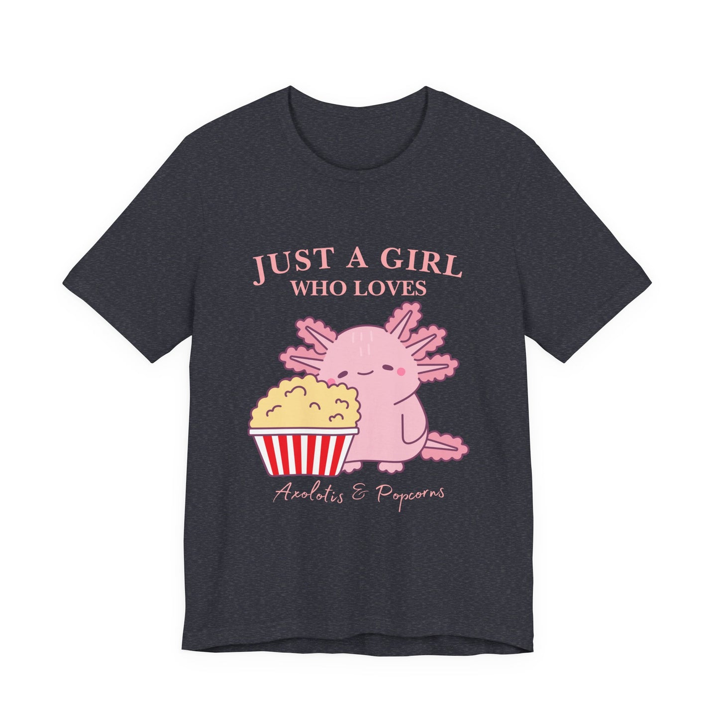 Cute Axolotl Love Popcorn Tee, Fun T-Shirt for Aquatic Lovers, Gift for Pet Lovers, Unique Animal Shirt, Casual Wear, Pop Culture Tee
