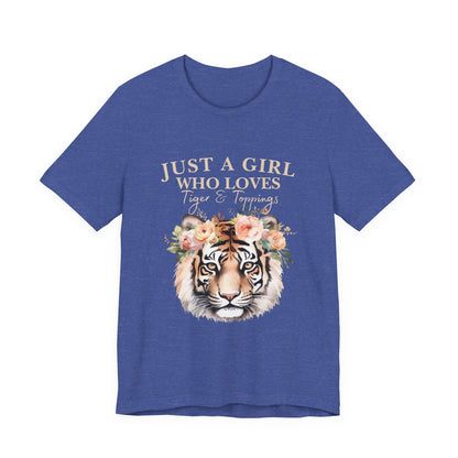Just a Girl Who Loves Tiger Short Sleeve Tee, Animal Lover Shirt, Floral Graphic Tee, Casual Wear, Birthday Gift, Nature Enthusiast