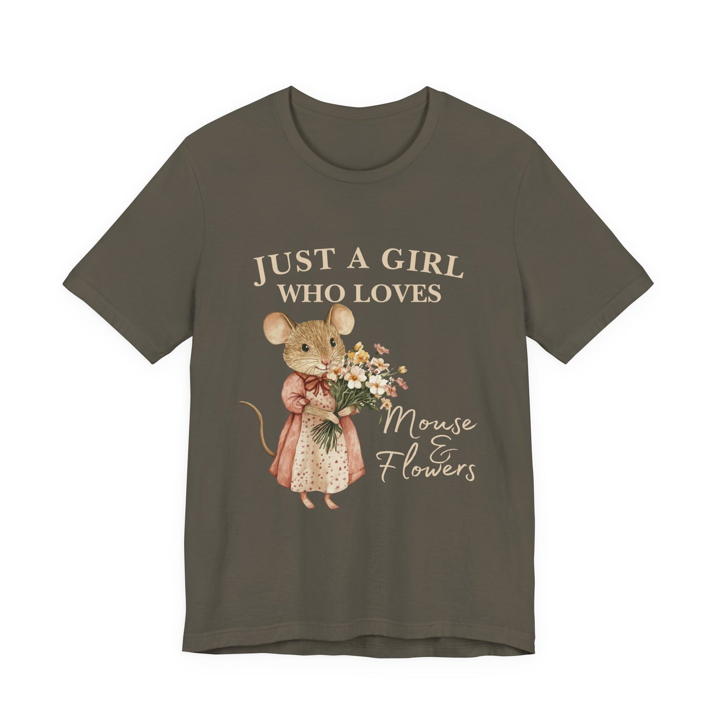 Just a Girl Who Loves Mouse & Flowers Tee, Cute Animal Shirt, Floral Graphic Tee, Gifts for Her, Birthday T-Shirt
