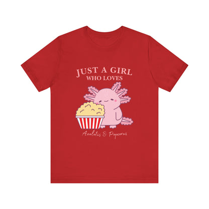 Cute Axolotl Love Popcorn Tee, Fun T-Shirt for Aquatic Lovers, Gift for Pet Lovers, Unique Animal Shirt, Casual Wear, Pop Culture Tee