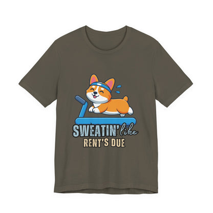 Funny Corgi Workout Tee - 'Sweatin' Like Rent's Due', Gift for Dog Lovers, Pet Enthusiasts, Gym Enthusiasts, Humor T-Shirt, Casual Clothing
