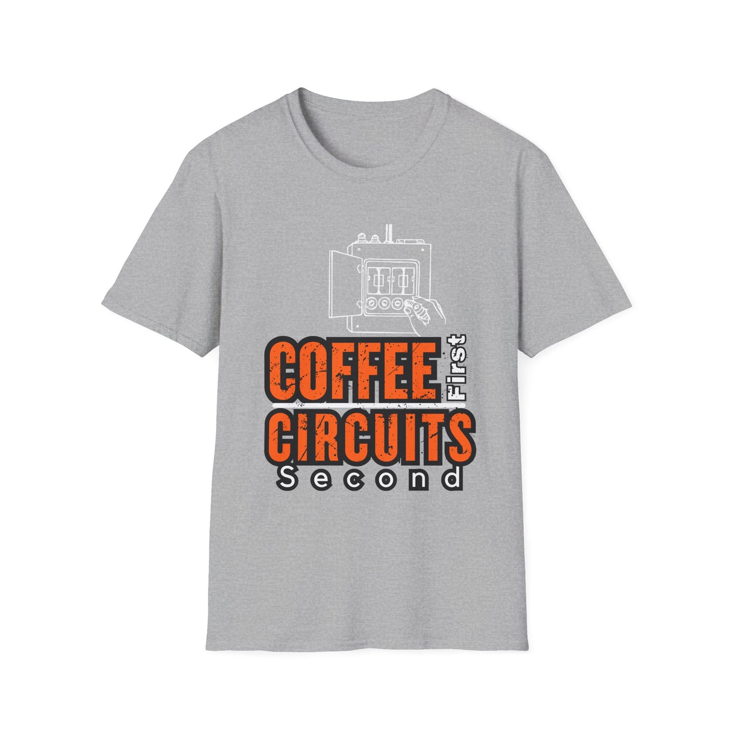 Coffee First Circuits Panel Second Unisex Softstyle T-Shirt | Electrician Shirt | Electrician T-Shirt | Electrician Gift