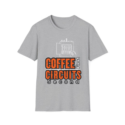 Coffee First Circuits Panel Second Unisex Softstyle T-Shirt | Electrician Shirt | Electrician T-Shirt | Electrician Gift