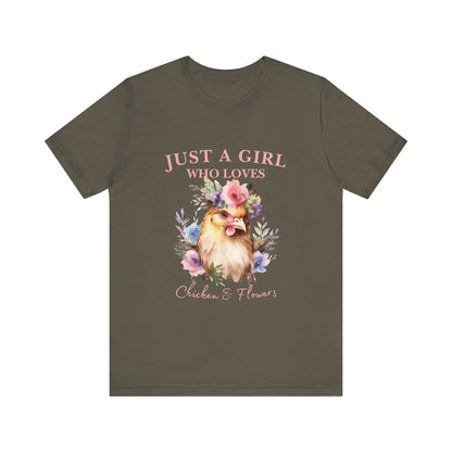 Just a Girl Who Loves Chickens Tee, Funny Farm Animal Shirt, Floral Graphic Tee, Gift for Chicken Lovers, Farmhouse Fashion