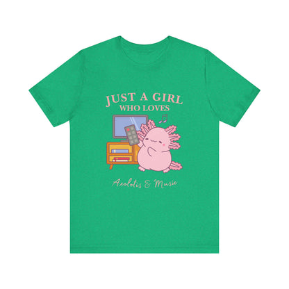Cute Music Lover Tee, Just a Girl Who Loves, Gift for Her, Music Aesthetics, Anime Style T-shirt, Unique Graphic Tee, Axolotis T-shirt