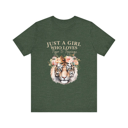 Just a Girl Who Loves Tiger Short Sleeve Tee, Animal Lover Shirt, Floral Graphic Tee, Casual Wear, Birthday Gift, Nature Enthusiast