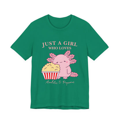 Cute Axolotl Love Popcorn Tee, Fun T-Shirt for Aquatic Lovers, Gift for Pet Lovers, Unique Animal Shirt, Casual Wear, Pop Culture Tee