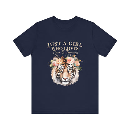 Just a Girl Who Loves Tiger Short Sleeve Tee, Animal Lover Shirt, Floral Graphic Tee, Casual Wear, Birthday Gift, Nature Enthusiast