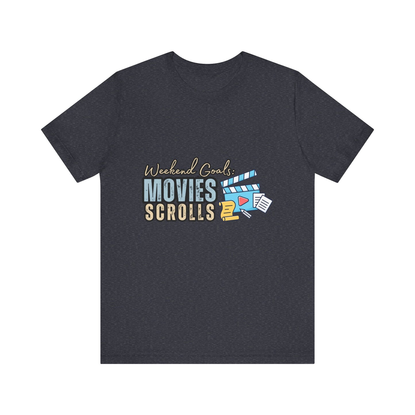 Weekend Vibes Movies Scrolls Tee - Unisex Jersey Short Sleeve Shirt for Movie Lovers, Casual Wear, Gifting, Relaxing Nights, Fun Movie [...]