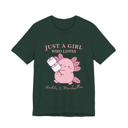 Just a Girl Who Loves Axolotls Tee, Cute Graphic T-Shirt, Unisex Casual Wear, Animal Lovers Gift, Birthday Present, Axolotis and Marshmellow