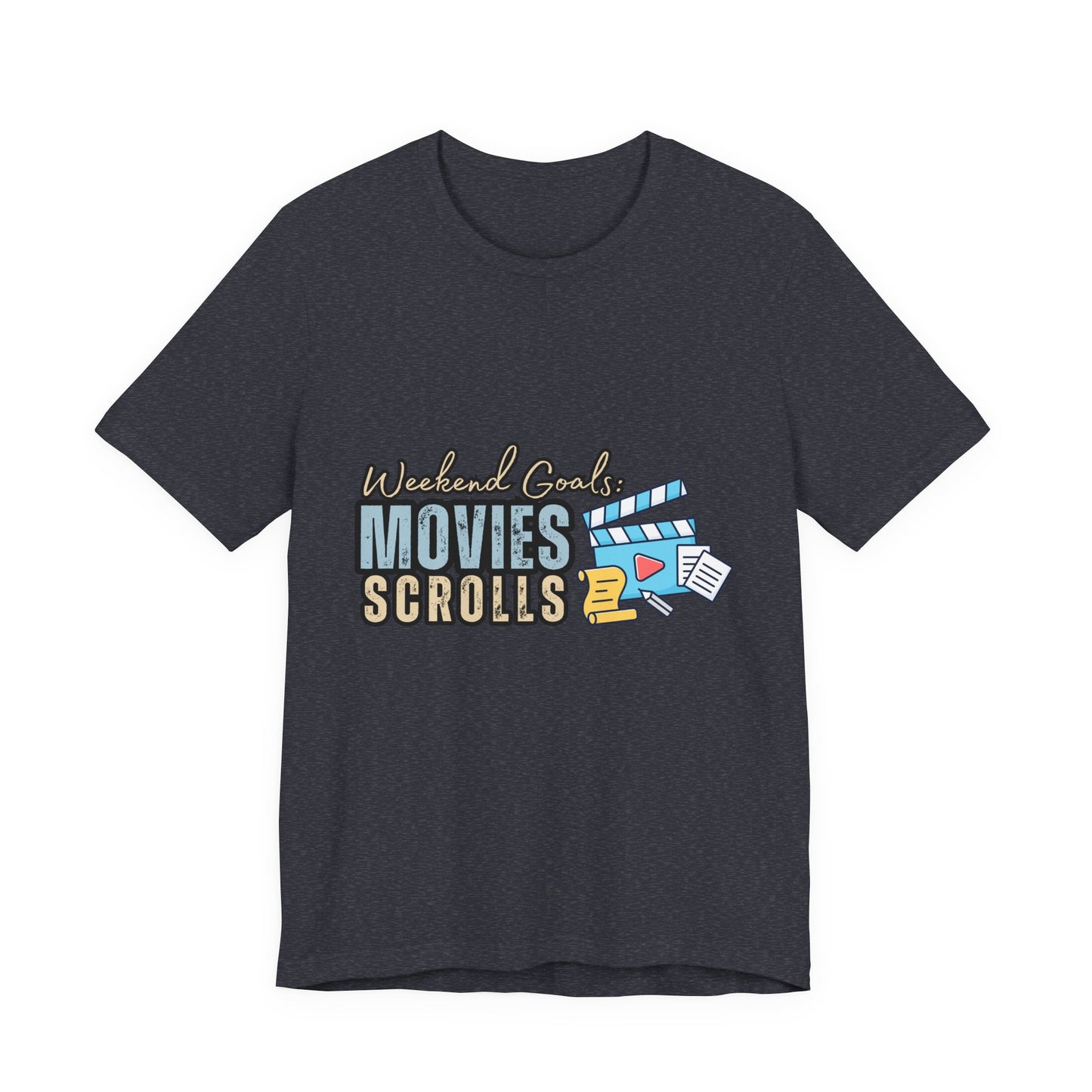 Weekend Vibes Movies Scrolls Tee - Unisex Jersey Short Sleeve Shirt for Movie Lovers, Casual Wear, Gifting, Relaxing Nights, Fun Movie [...]