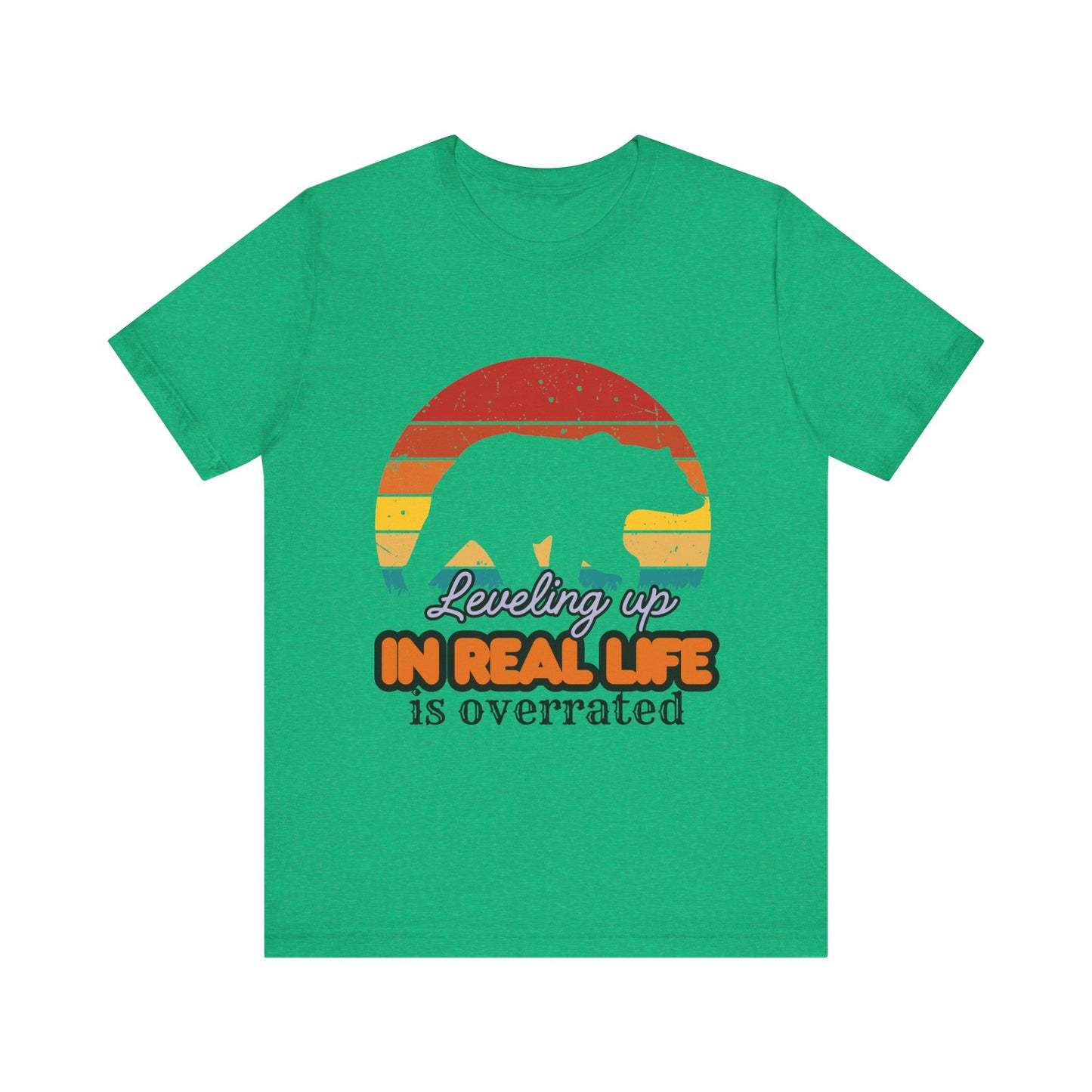 Retro Bear Graphic Tee - 'Leveling Up in Real Life is Overrated', Casual Wear, Gifts for Nature Lovers, Outdoor Adventures, Everyday Style, Gamer Tee
