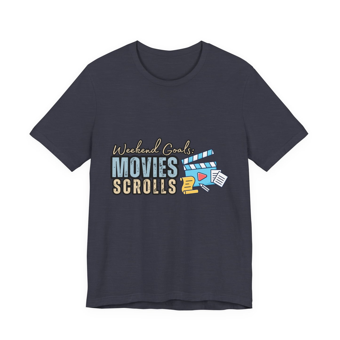 Weekend Vibes Movies Scrolls Tee - Unisex Jersey Short Sleeve Shirt for Movie Lovers, Casual Wear, Gifting, Relaxing Nights, Fun Movie [...]