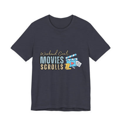 Weekend Vibes Movies Scrolls Tee - Unisex Jersey Short Sleeve Shirt for Movie Lovers, Casual Wear, Gifting, Relaxing Nights, Fun Movie [...]
