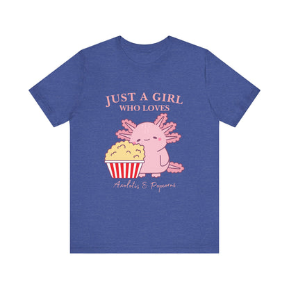 Cute Axolotl Love Popcorn Tee, Fun T-Shirt for Aquatic Lovers, Gift for Pet Lovers, Unique Animal Shirt, Casual Wear, Pop Culture Tee