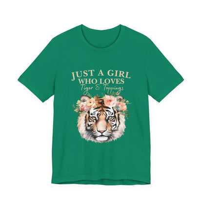 Just a Girl Who Loves Tiger Short Sleeve Tee, Animal Lover Shirt, Floral Graphic Tee, Casual Wear, Birthday Gift, Nature Enthusiast