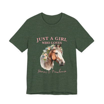 Just a Girl Who Loves Horses Jersey Tee | Equestrian Gift | Horse Lover T-Shirt | Floral Graphic Tee | Birthday Gift