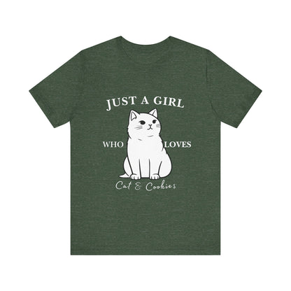 Cat Lover's Tee - 'Just a Girl Who Loves Cats & Cookies', Gift for Cat Mom, Cute Soft T-Shirt, Animal Lover Apparel, Birthday Gift
