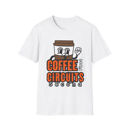 Coffee First Circuits Second Cartoon Unisex T-Shirt, Funny Coffee Tee, Gift for Engineers, Electrician T-shirt