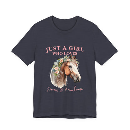 Just a Girl Who Loves Horses Jersey Tee | Equestrian Gift | Horse Lover T-Shirt | Floral Graphic Tee | Birthday Gift