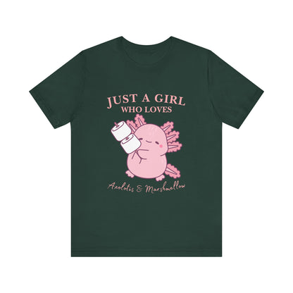 Just a Girl Who Loves Axolotls Tee, Cute Graphic T-Shirt, Unisex Casual Wear, Animal Lovers Gift, Birthday Present, Axolotis and Marshmellow