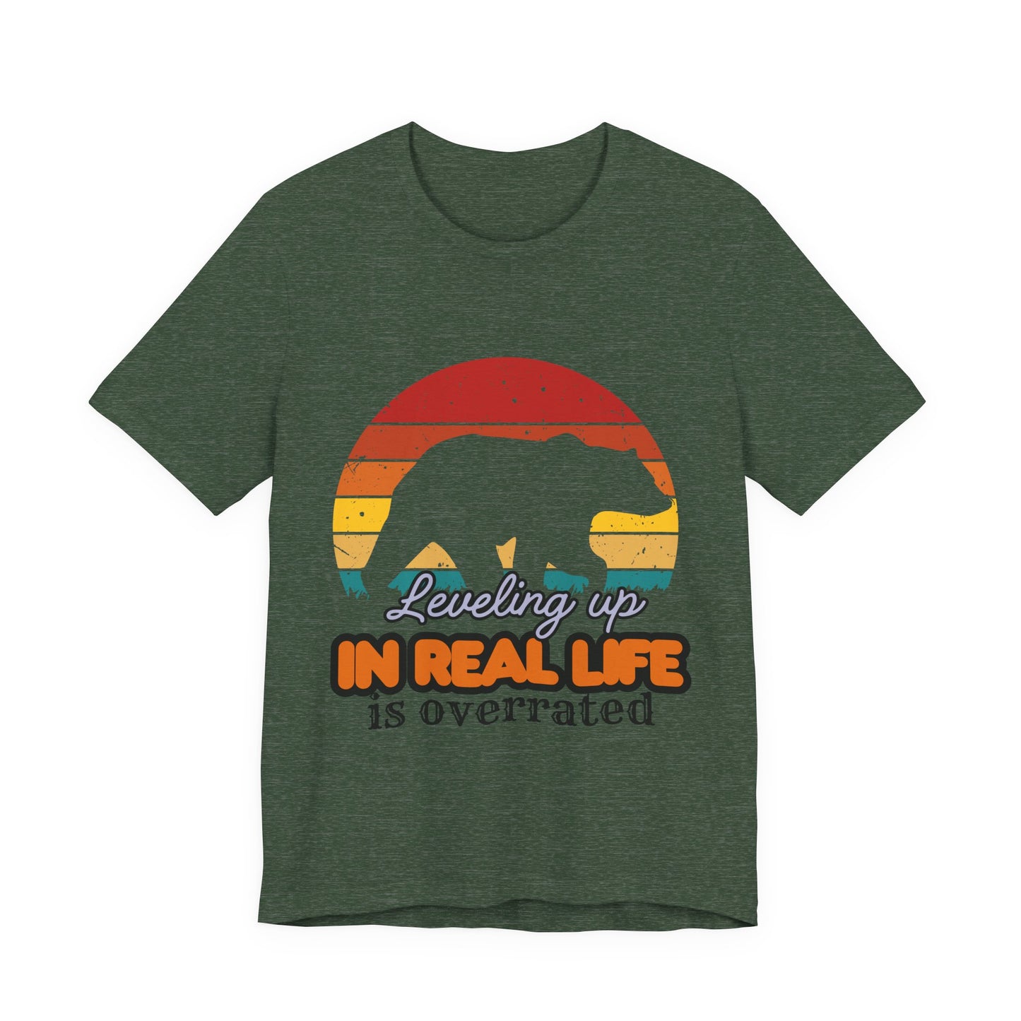 Retro Bear Graphic Tee - 'Leveling Up in Real Life is Overrated', Casual Wear, Gifts for Nature Lovers, Outdoor Adventures, Everyday Style, Gamer Tee