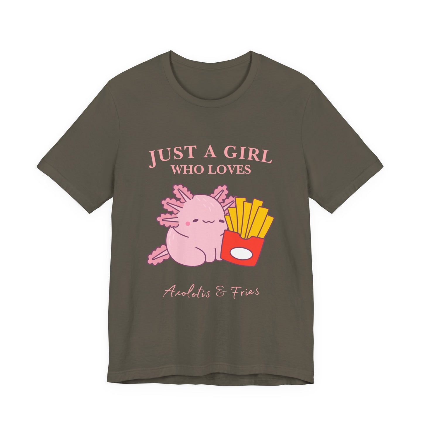 Just a Girl Who Loves Axolotls & Fries Tee, Cute Graphic Tee, Animal Lover Shirt, Fun Summer T-Shirt, Gift for Her